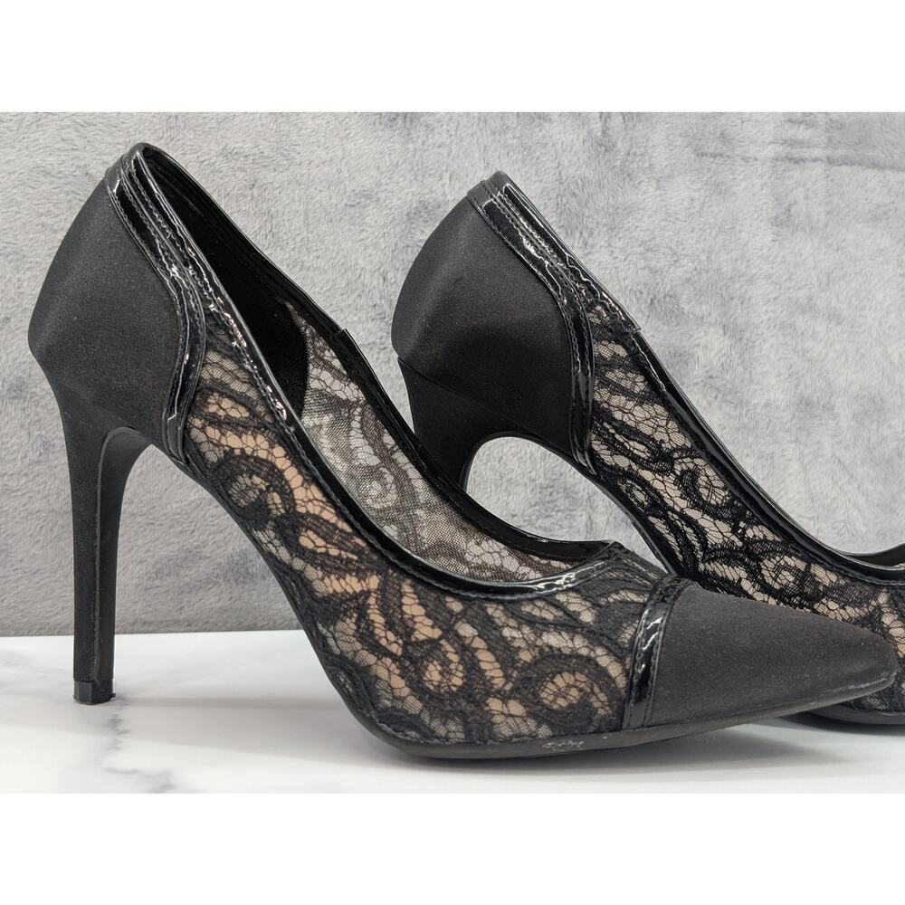 Fioni 7W black lace stiletto 3.75" heels classic sexy gorgeous pointed slip on